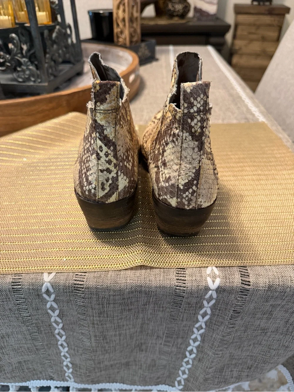 Vince Camuto Snake-Print Chelsea Booties in Beige and Brown